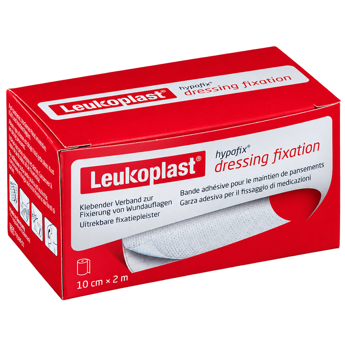 Caja de Leukoplast Hypafix blanco 10cm x 2m. Fondo transparente, formato cuadrado.