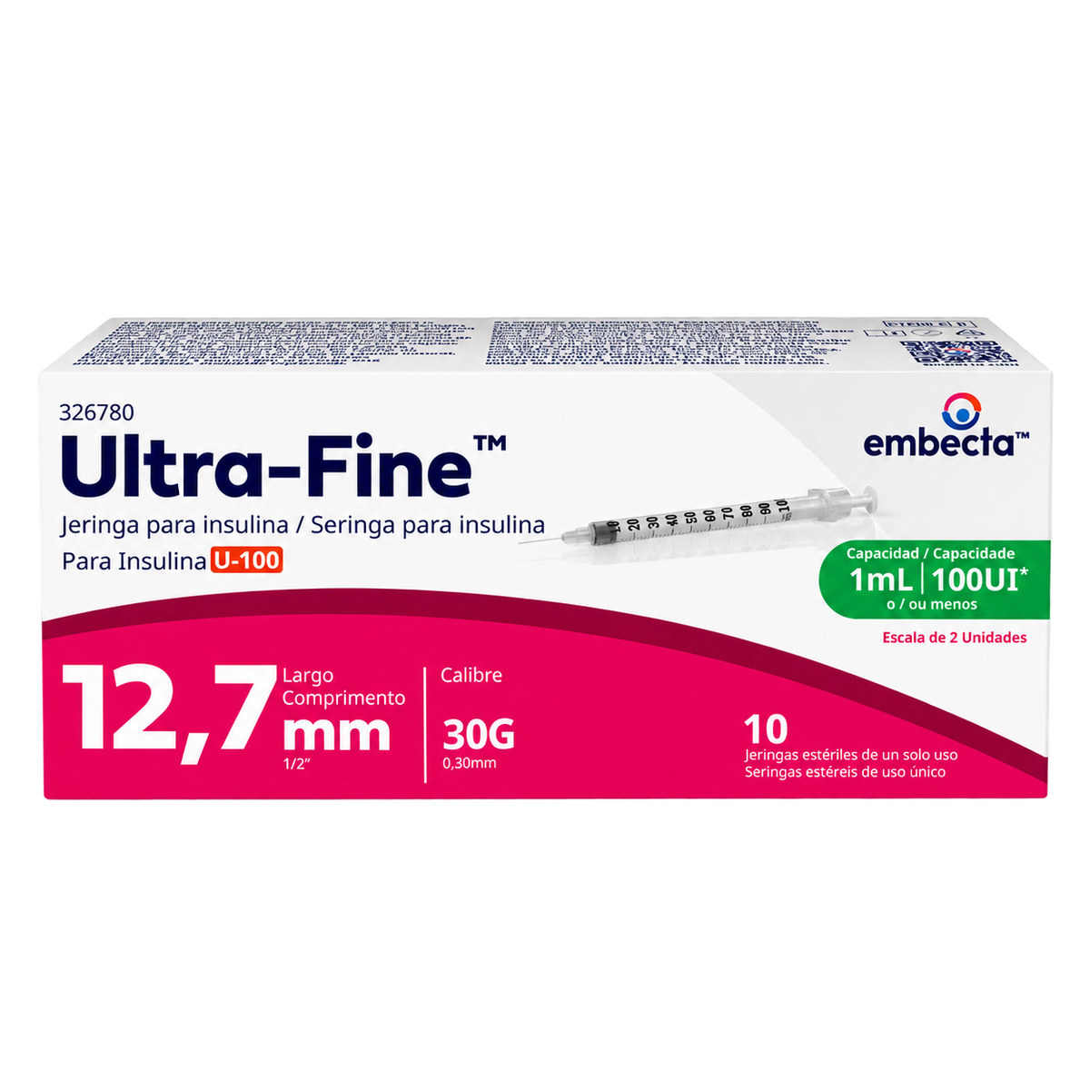 JERINGA EMBECTA ULT F 12 7MM 1ML 100UI 30G C 10