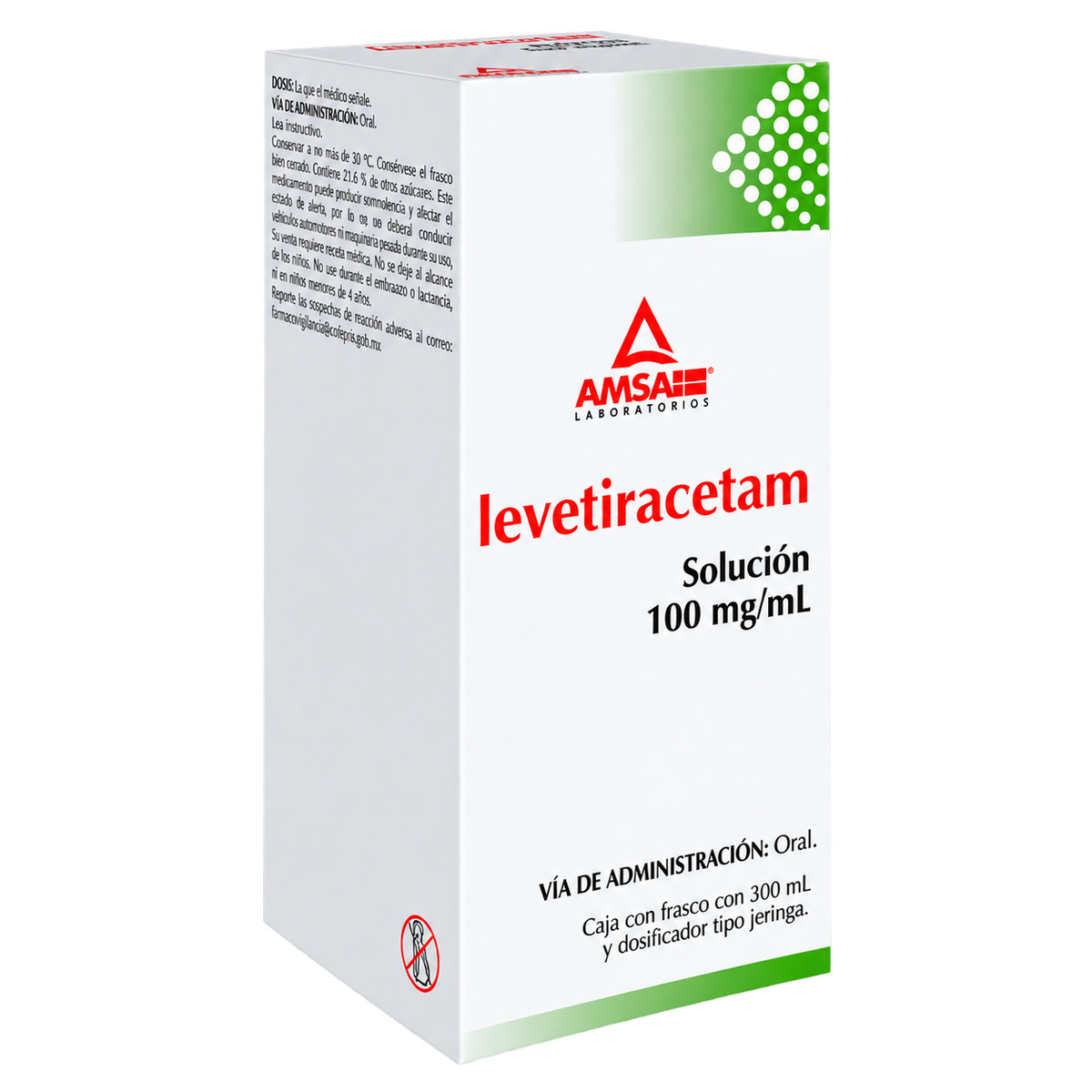 LEVETIRACETAM SOL ORAL 100MG FCO 300ML AMSA — fondo transparente, formato 1:1