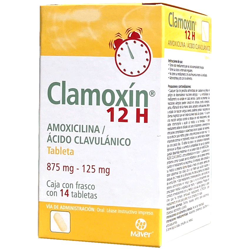 CLAMOXIN 12H 875mg 125mg 14 Tab  Amoxicilina  Acido Clavulanico