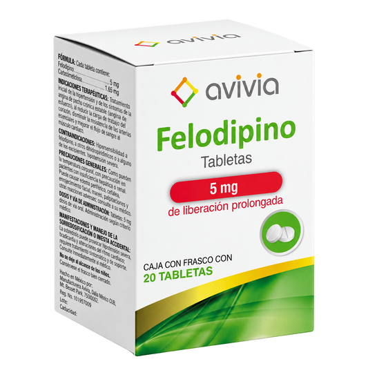 Felodipino Avivia 5 mg 20 tabletas — fondo transparente, formato 1:1