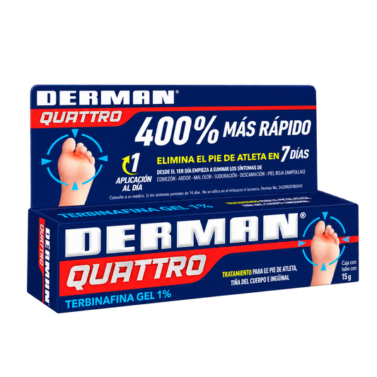 DERMAN QUATTRO 1 TBO 15G GEL — fondo transparente, formato 1:1