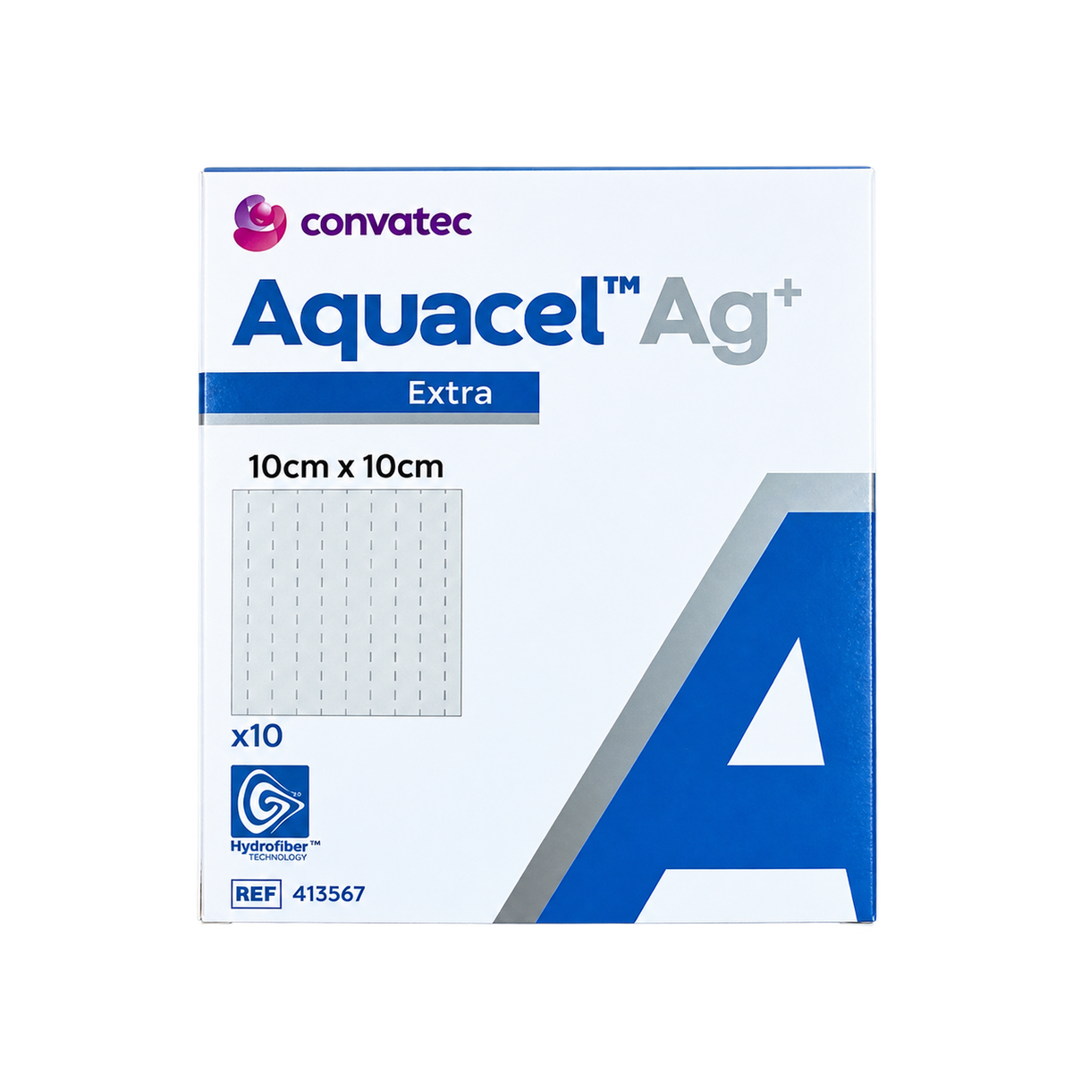 Aquacel Ag+ Extra Convatec 10 cm x 10 cm, caja x10 REF 413567 Fondo transparente, formato 1:1.