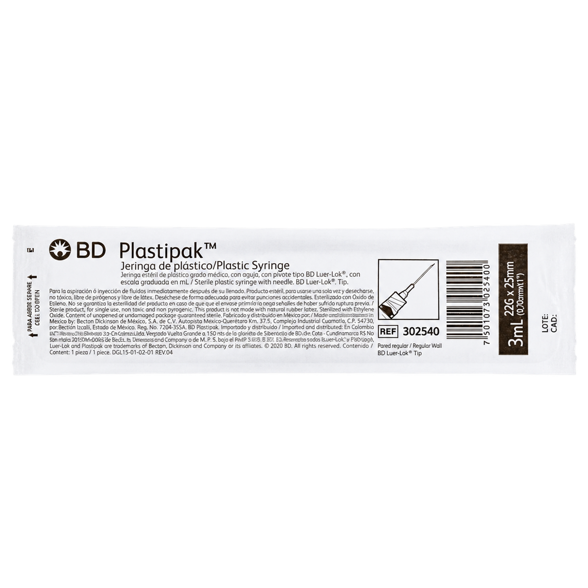 Jeringa BD Plastipak 3 ml con aguja negra 22G x 25 mm, una pieza en empaque individual