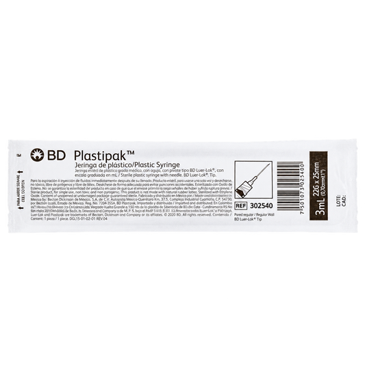 Jeringa BD Plastipak 3 ml con aguja negra 22G x 25 mm, una pieza en empaque individual