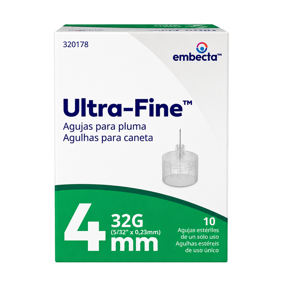 Caja de diez agujas Embecta Ultra-Fine 32G x 4mm. Fondo transparente, formato cuadrado.