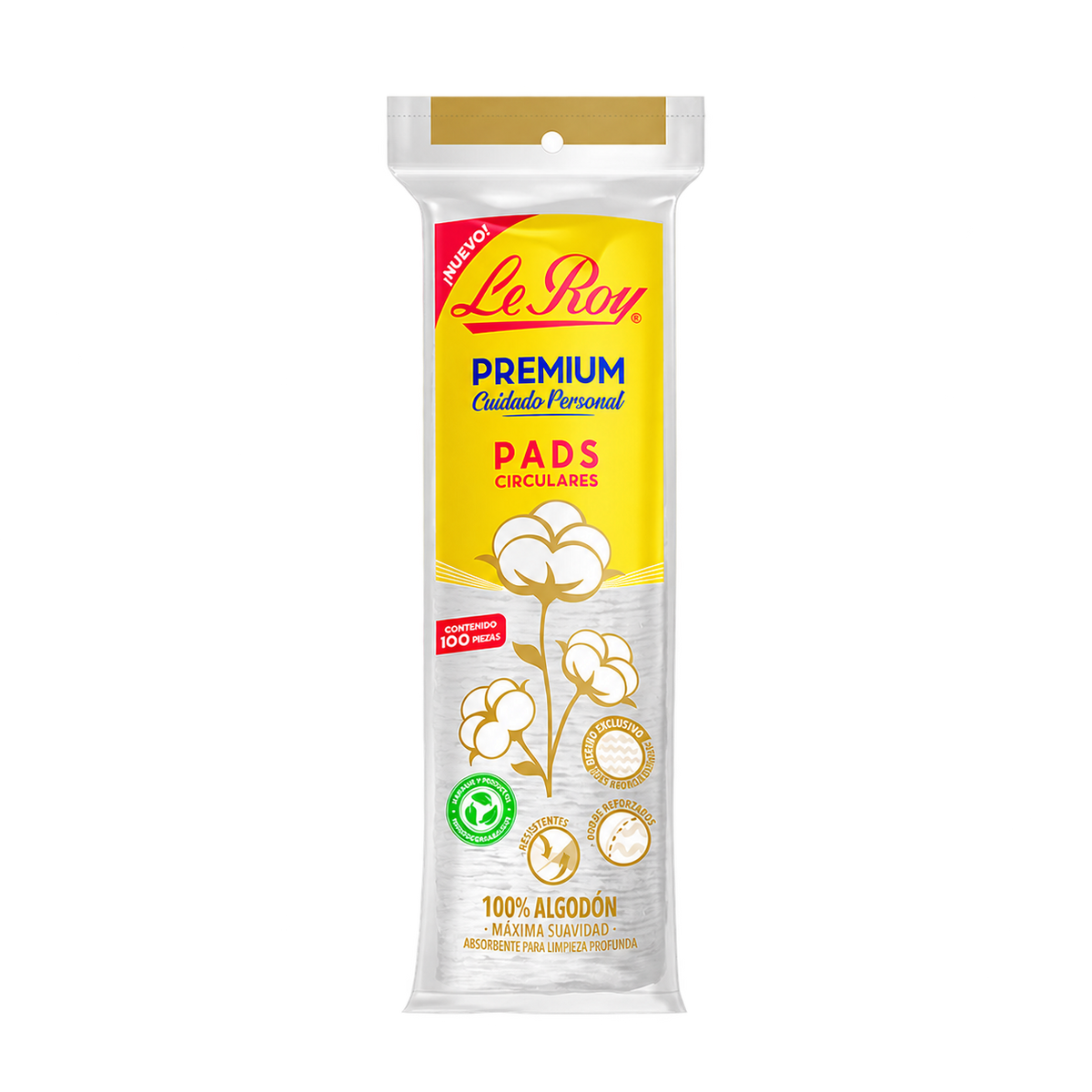 UNA bolsa de Le Roy Premium pads circulares, CIEN piezas por bolsa. Fondo transparente, formato cuadrado.