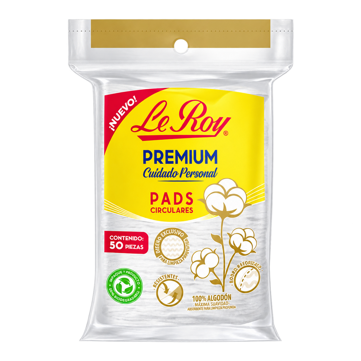 UNA bolsa de Le Roy Premium pads circulares, CINCUENTA piezas por bolsa. Fondo transparente, formato cuadrado.