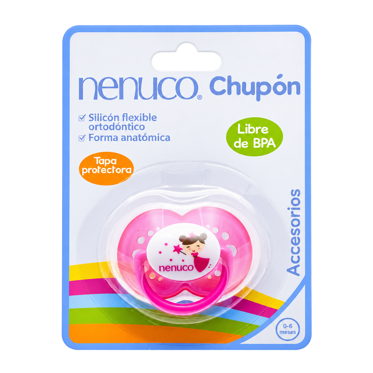 CHUPON NENUCO C TAPA PROT 0 6M 1PZA — fondo transparente, formato cuadrado.