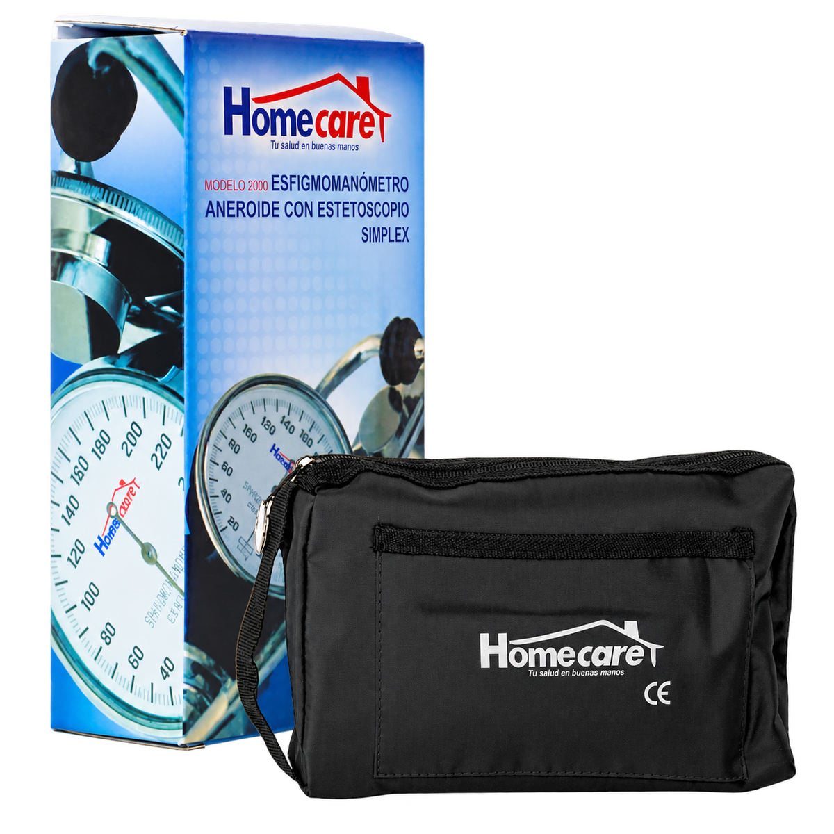 Homecare modelo2000 kit esfigmomanómetro aneroide con estetoscopio simplex, caja y estuche negro exactos de referencia