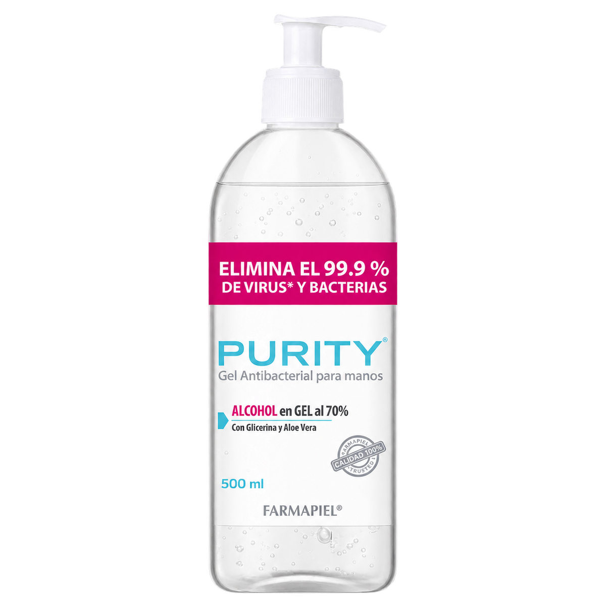 GEL ANTIBACTERIAL PURITY 500ML PET VR — fondo transparente, formato cuadrado.