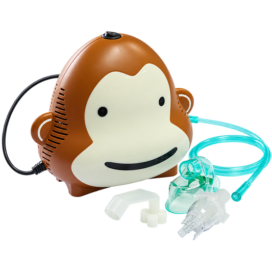 Nebulizador pediátrico Monkey BR-CN001 en forma de mono. Preservar equipo y todos los accesorios fotografiados. Fondo transparente, imagen cuadrada.