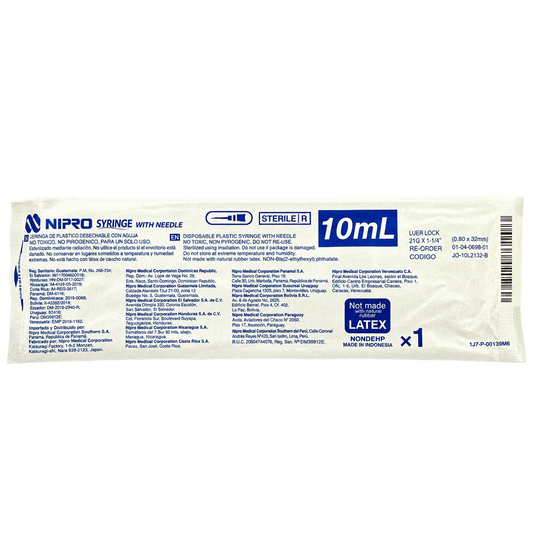 Jeringa Nipro 10 ml con aguja verde 21G x 32 mm, una pieza en empaque individual