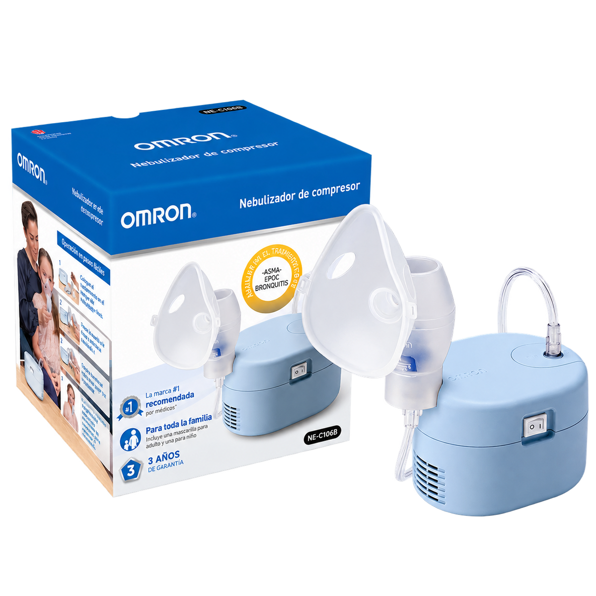 Nebulizador Omron NE-C106B azul con su caja. Preservar equipo y empaque exactos. Fondo transparente, imagen cuadrada.