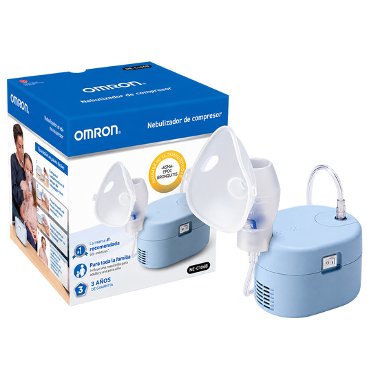 Nebulizador Omron NE-C106B azul con su caja. Preservar equipo y empaque exactos. Fondo transparente, imagen cuadrada.