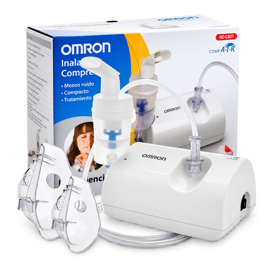 Nebulizador Omron NE-C801LA blanco, preservar compresor y todos los accesorios presentes. Fondo transparente, imagen cuadrada.