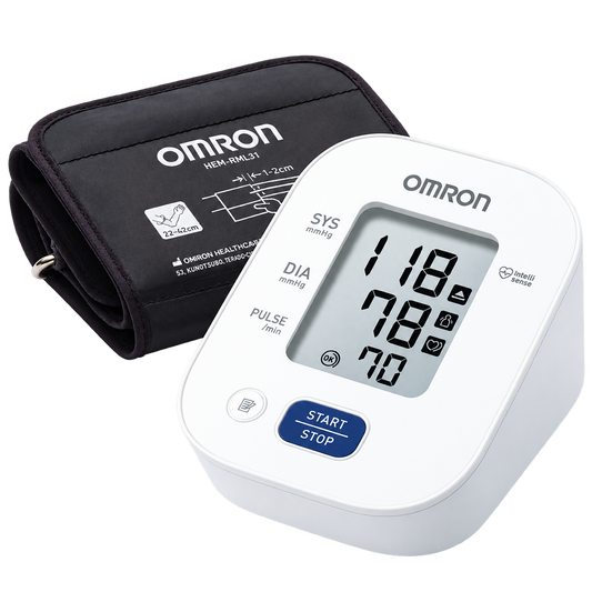 Monitor digital de presión arterial Omron M2 con brazalete, empaque si aparece. Preservar exactamente modelo, diseño y accesorios. Fondo transparente, imagen cuadrada.