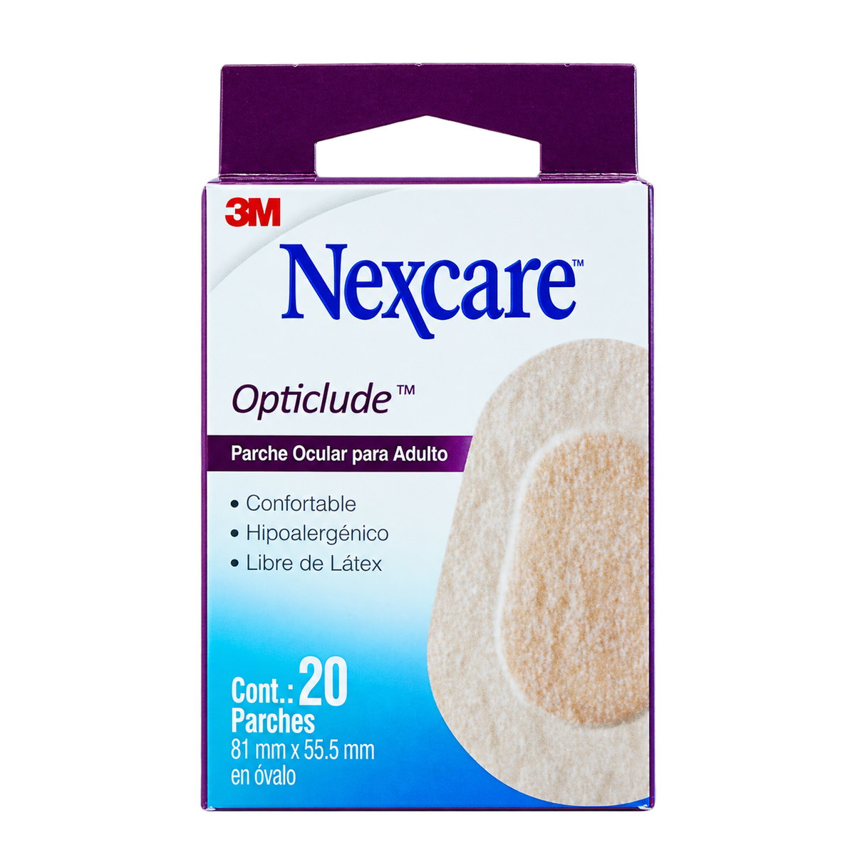 Nexcare Opticlude ADULTO, caja de VEINTE parches oculares. Fondo transparente, formato cuadrado.