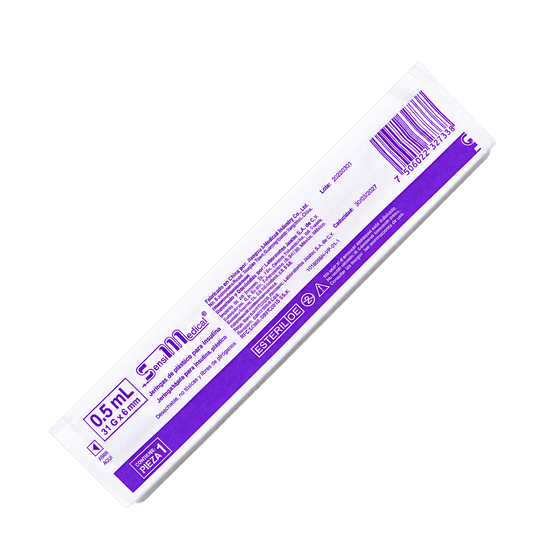Jeringa Sensi Medical para insulina 0.5 ml, aguja 31G x 6 mm, una pieza en empaque individual