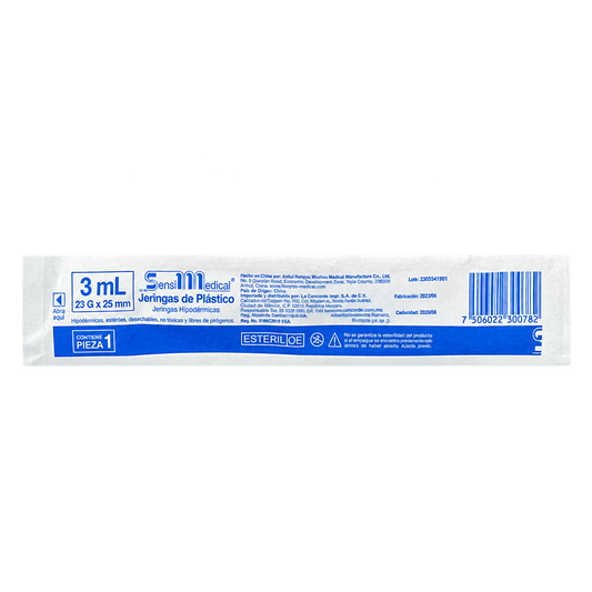 Jeringa Sensi Medical 3 ml, aguja azul 23G x 25 mm, una pieza en empaque individual